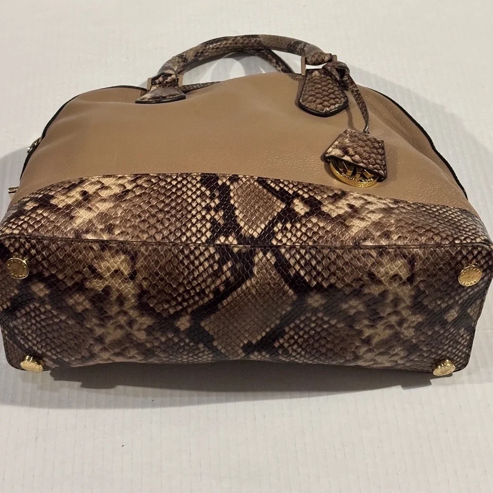 Michael Kors Tan Pebbled Leather Snakeskin Embossed Dome Satchel Handbag